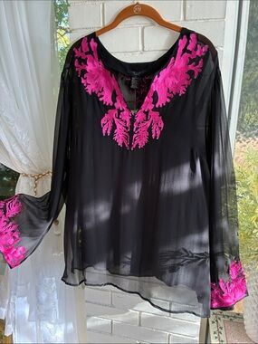 Anne Carson Black Sheer Tunic with Fuchsia Embroidered Accents